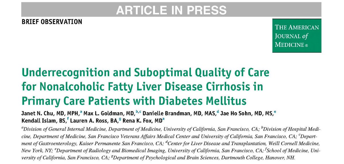 UCSFDGIM (@ucsfdgim) on Twitter photo How well are primary care providers detecting and managing NAFLD in patients with diabetes?
Not that well, based on a new analysis of 3,028 primary care patients in the American Journal of Medicine spearheaded by UCSF DGIM's <a href="/janetnchu/">Janet Chu MD MPH</a> and <a href="/renafoxmd/">Rena Fox</a>:
sciencedirect.com/science/articl… How well are primary care providers detecting and managing NAFLD in patients with diabetes?
Not that well, based on a new analysis of 3,028 primary care patients in the American Journal of Medicine spearheaded by UCSF DGIM's <a href="/janetnchu/">Janet Chu MD MPH</a> and <a href="/renafoxmd/">Rena Fox</a>:
sciencedirect.com/science/articl…