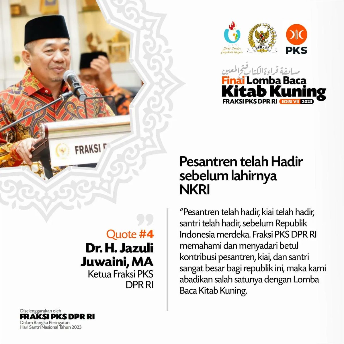 Quotes dari Ketua Fraksi PKS DPR RI, Dr. Jazuli Juwaini, M.A., di Final Lomba Baca Kitab Kuning Edisi VII Tahun 2023 Fraksi PKS DPR RI🇮🇩

|| <a href="/JazuliJuwaini/">JazuliJuwaini</a>

#fraksipksdprri 
#PKSPembelaRakyat 
#PKSnomor8 
#lombabacakitabkuning2023