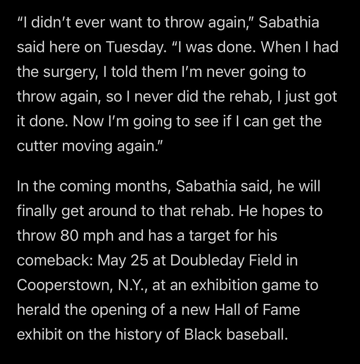 He hasn’t thrown a pitch since a shoulder injury ended his career four years ago, but @CC_Sabathia is now rehabbing to participate in the newly-announced @baseballhall East-West Classic game slated for May 25 in Cooperstown.