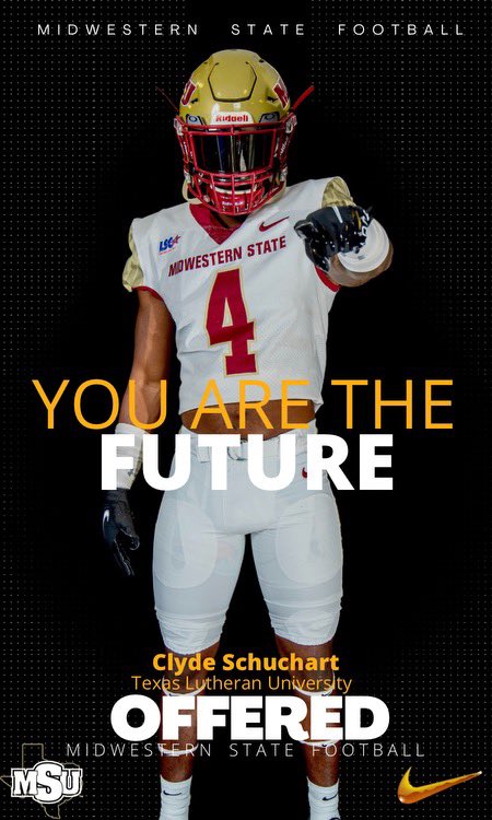 ClydeSchuchart's tweet photo. Blessed to receive an offer from Midwestern State University! Thank you @Coach_MC_MSU for this huge opportunity!! @MSUTexasFB #stangang https://t.co/UXAj1Jea4t