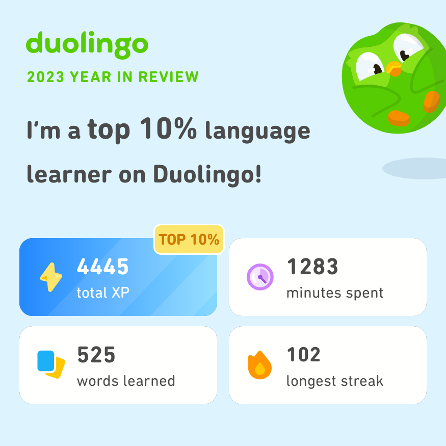 Porlitross's tweet photo. Look how much I learned on Duolingo in 2023! How did you do? #Duolingo365 https://t.co/2CHbkhjE4z