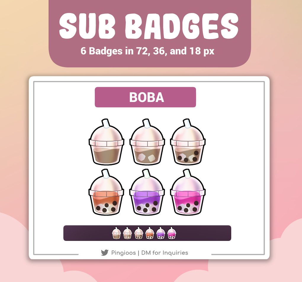 Boba!

Now, I'm available for custom sub-badge commissions.

The price is only 5 USD for one badge.
25 USD if you order one pack (6 badges).
Let me know if you're interested in ordering.
DM me for inquiries. :)

#subbadges #subbadge #Twitch #Badge #TwitchStreamers