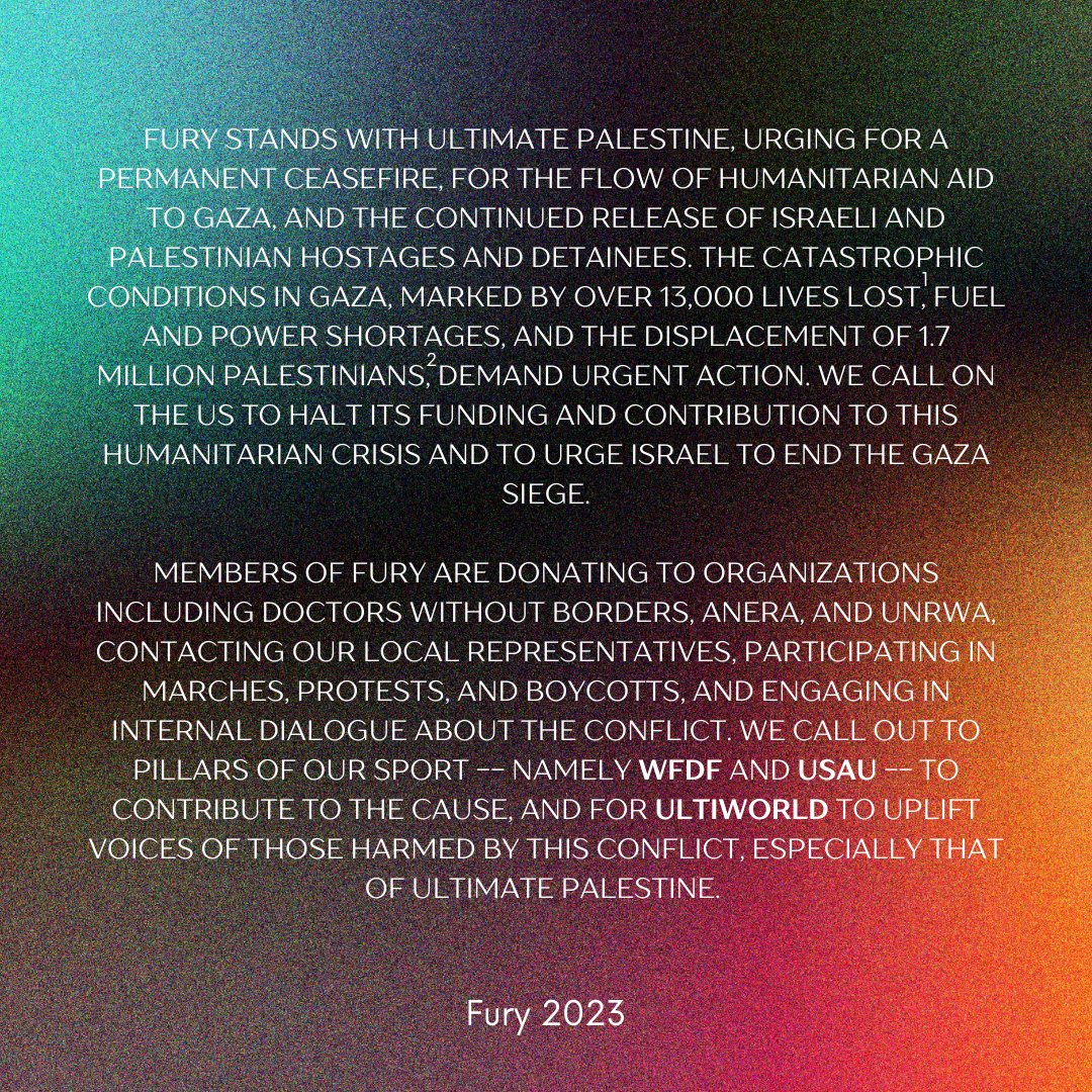 furyultimate's tweet photo. Over the last month, our team has come together to discuss what is currently happening in Israel &amp; Palestine, and what (if anything) we can do as a group to try and help. We mourn every life lost in Israel, Gaza, and the West Bank since Oct 7th.  1/ https://t.co/VwYRYNW43B