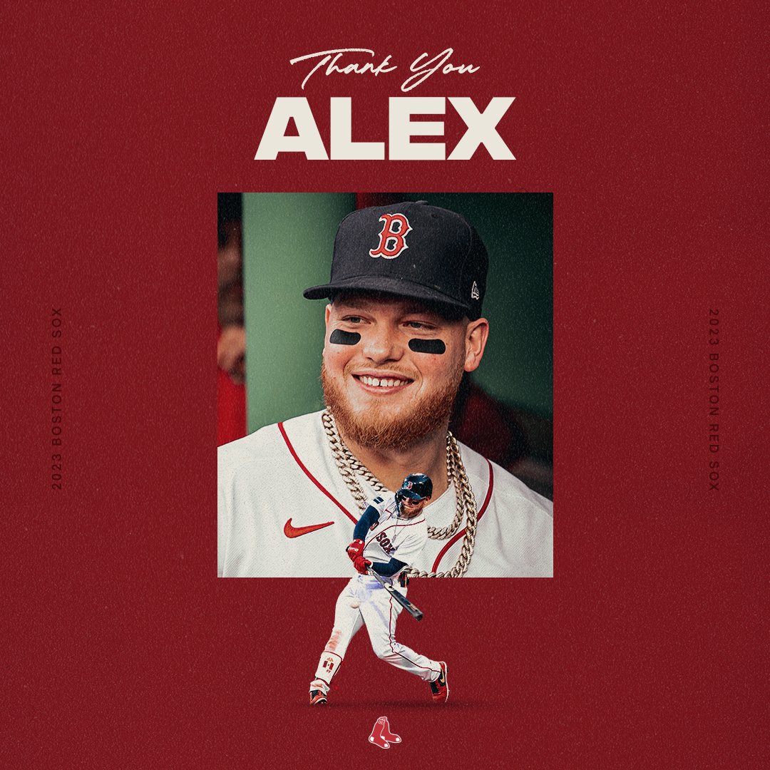 Thank you, Alex Verudgo graphic. Graphic has photo of Alex Verdugo in the home dugout at Fenway Park smiling in the center with a smaller cutout of him up to bat below it. Text reads "Thank you, Alex"
