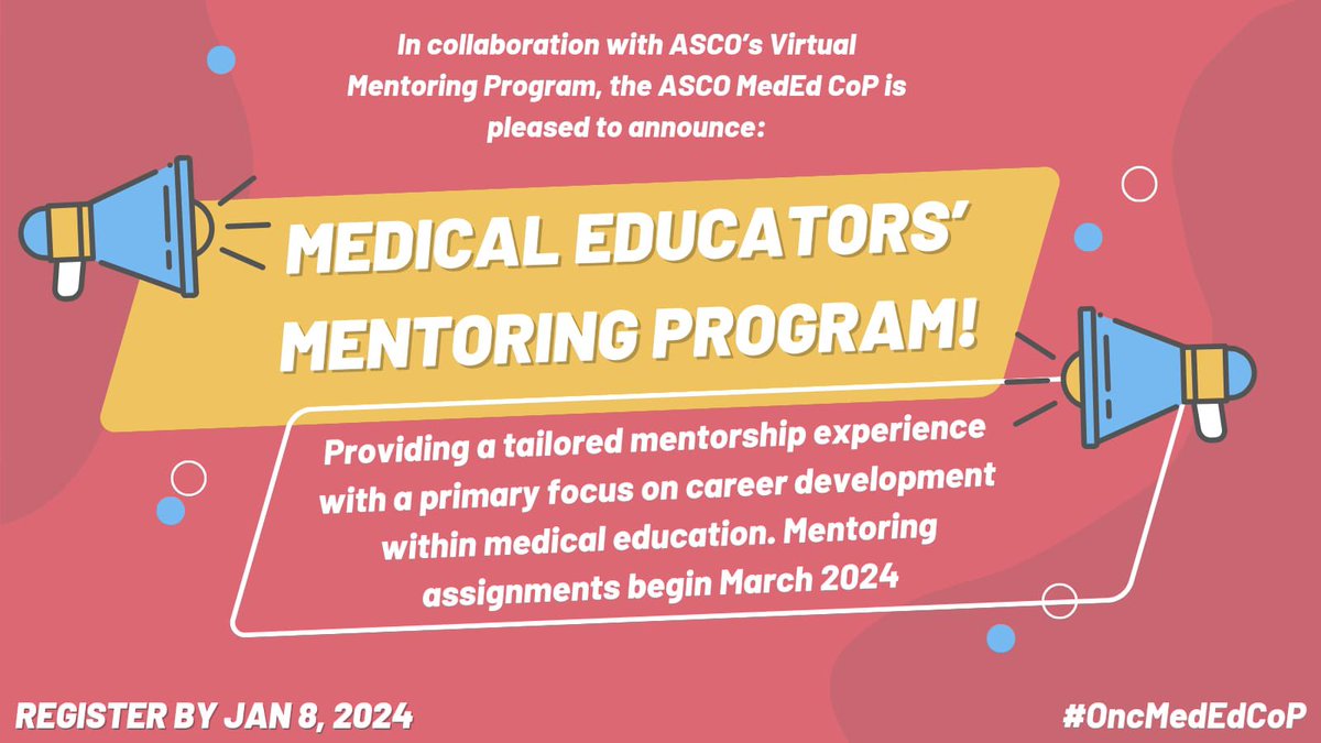 Deepa Rangachari, MD, FASCO (@deeparangachari) on Twitter photo Virtual mentoring program for <a href="/ASCO/">ASCO</a> medical educators— call for mentees AND mentors due Jan 8th! #OncMedEdCoP @doctormb1 <a href="/Kathy_WalshMD/">Kathy Walsh, MD, MAEd</a> <a href="/MariaBaggstrom/">Maria Quintos Baggstrom MD FACP FASCO</a> <a href="/DevikaDasMD/">Devika Das, MD, MSHQS</a> <a href="/sdanak/">Shivang Danak, MD</a> <a href="/ASigmundMD/">Audrey Sigmund</a> <a href="/s_brond/">Sam Brondfield, MD, MAEd, FASCO</a> <a href="/RManochakian/">Rami Manochakian MD, FASCO Cancer Education</a> <a href="/DrMMurphy/">Martina Murphy, MD</a> <a href="/JenSchwartzIUSM/">Jennifer Schwartz MD FASCO</a>
Apply here: forms.gle/dS8NWm7aM4GDT2… Virtual mentoring program for <a href="/ASCO/">ASCO</a> medical educators— call for mentees AND mentors due Jan 8th! #OncMedEdCoP @doctormb1 <a href="/Kathy_WalshMD/">Kathy Walsh, MD, MAEd</a> <a href="/MariaBaggstrom/">Maria Quintos Baggstrom MD FACP FASCO</a> <a href="/DevikaDasMD/">Devika Das, MD, MSHQS</a> <a href="/sdanak/">Shivang Danak, MD</a> <a href="/ASigmundMD/">Audrey Sigmund</a> <a href="/s_brond/">Sam Brondfield, MD, MAEd, FASCO</a> <a href="/RManochakian/">Rami Manochakian MD, FASCO Cancer Education</a> <a href="/DrMMurphy/">Martina Murphy, MD</a> <a href="/JenSchwartzIUSM/">Jennifer Schwartz MD FASCO</a>
Apply here: forms.gle/dS8NWm7aM4GDT2…