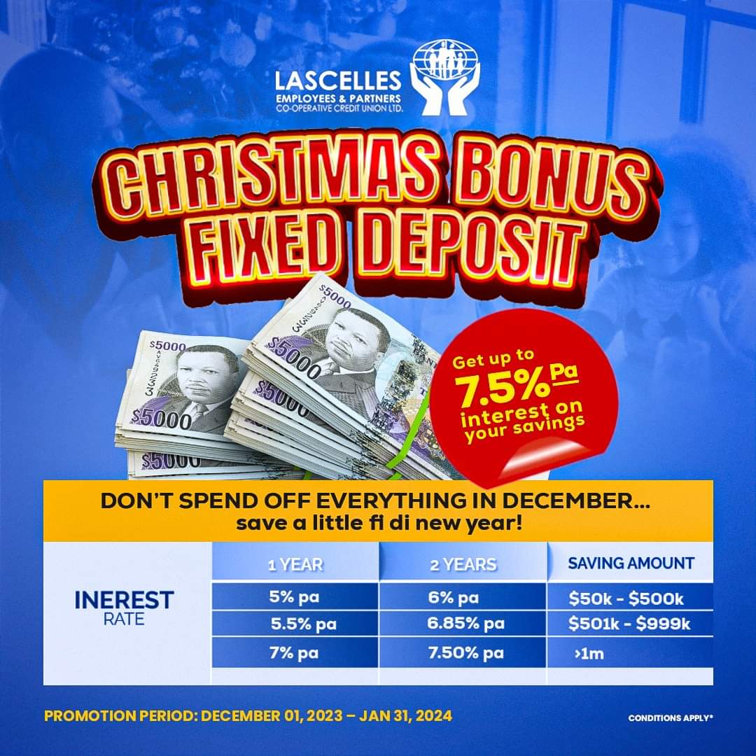 LascellesUnion's tweet photo. At Lascelles Credit Union, we promise secure and risk-free returns on your investments!
Start saving today with a Christmas Bonus Fixed Deposit
For more information, call 876 619 6667 / 876 757 8967 WhatsApp 876  820 7851 or visit our website at https://t.co/4EzrlYmuVl https://t.co/TGBevdFoWq