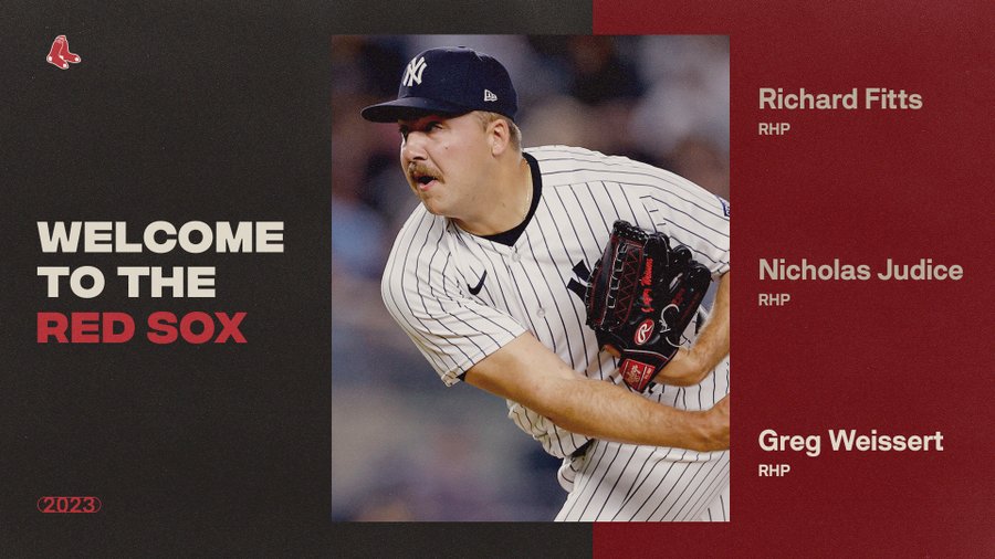 Graphic reads "Welcome to the Red Sox Richard Fitts RHP, Nicholas Judice RHP, Greg Weissert RHP" with a photo of right-handed pitcher, Greg Weissert throwing in a Yankees uniform. 