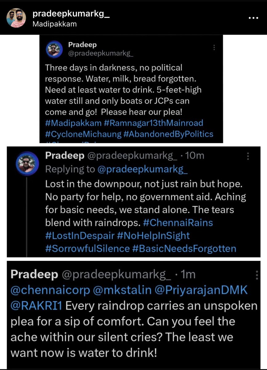 SingerNarayanan's tweet photo. I request @CMOTamilnadu @mkstalin @Udhaystalin @chennaicorp @RAKRI1 @PriyarajanDMK to kindly consider #madippakkam into ur list . People are badly affected. Please help them out 🙏🏽 https://t.co/BtvFWiKv1S