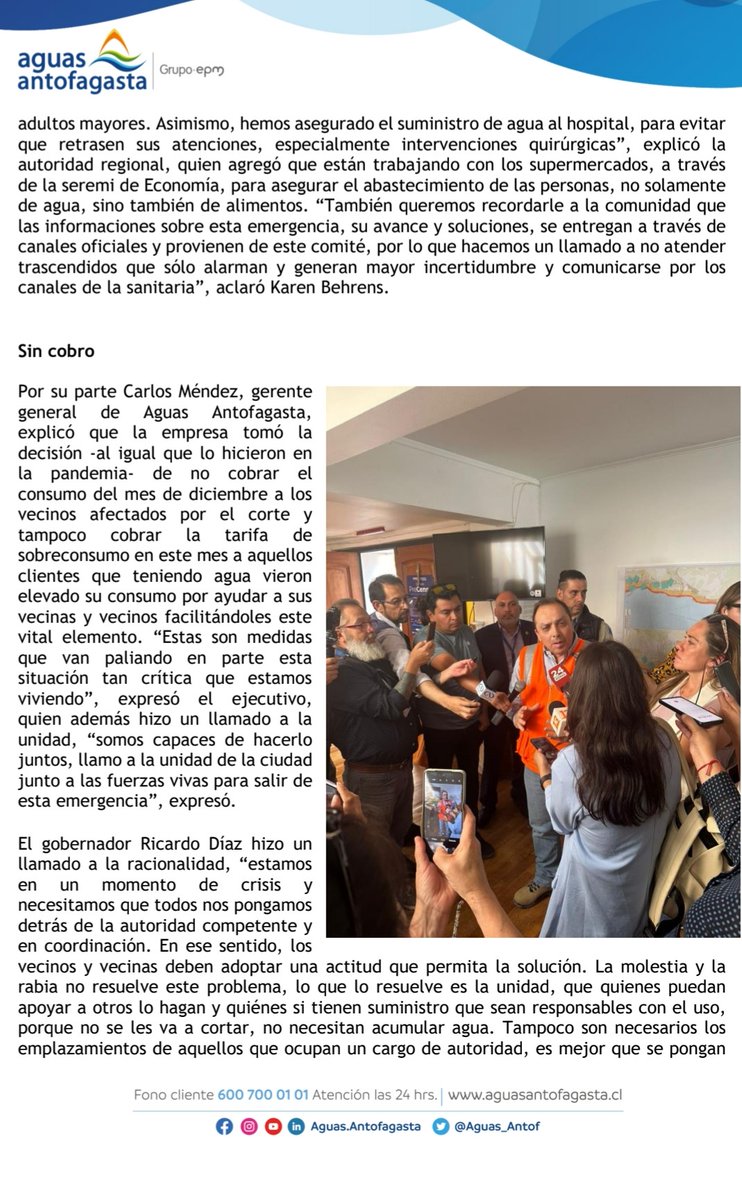 Aguas_Antof's tweet photo. 🚨SEREMI de Salud declara zona de riesgo sanitario para #Antofagasta.
En una nueva sesión del COGRID, encabezada por la delegada regional Karen Behrens, se contó con la presencia del gobernador regional, Ricardo Díaz, además de autoridades civiles, militares y de orden. Aguas Antofagasta continua trabajando en reparación de falla y en la habilitación de puntos de abastecimiento alternativo. Lee la nota completa en 👉 https://t.co/eeSW8KgpYR