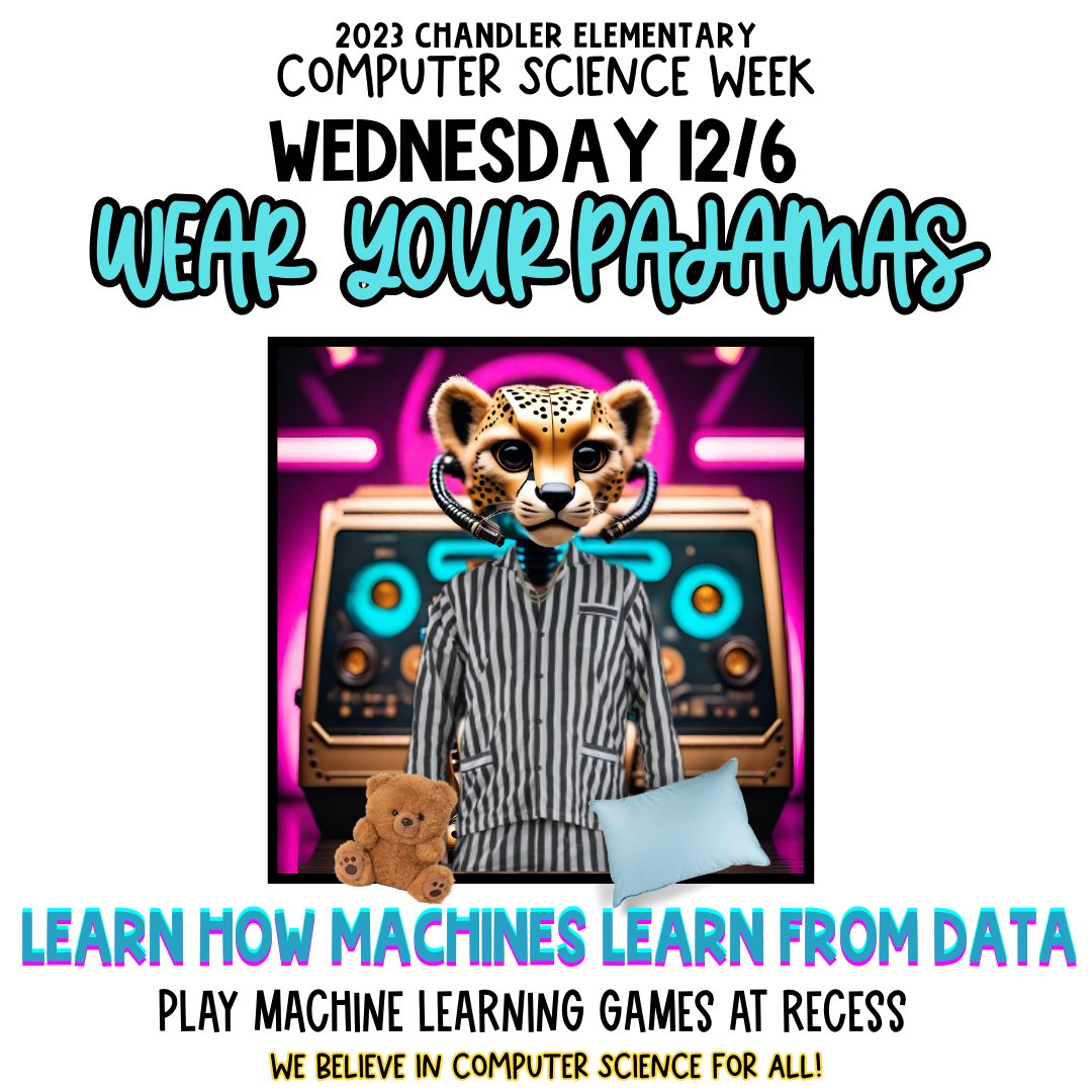 #CSweek day 3:PJ day!  Focus: machine learning.  Ss will play machine learning games w/ Ms Choi at recess & learn how CScientists program machines to 'learn.'  Even our youngest Ss no longer say that 'computers do magic' or 'Alexa is alive.' #CS4LAUSD #CS4all