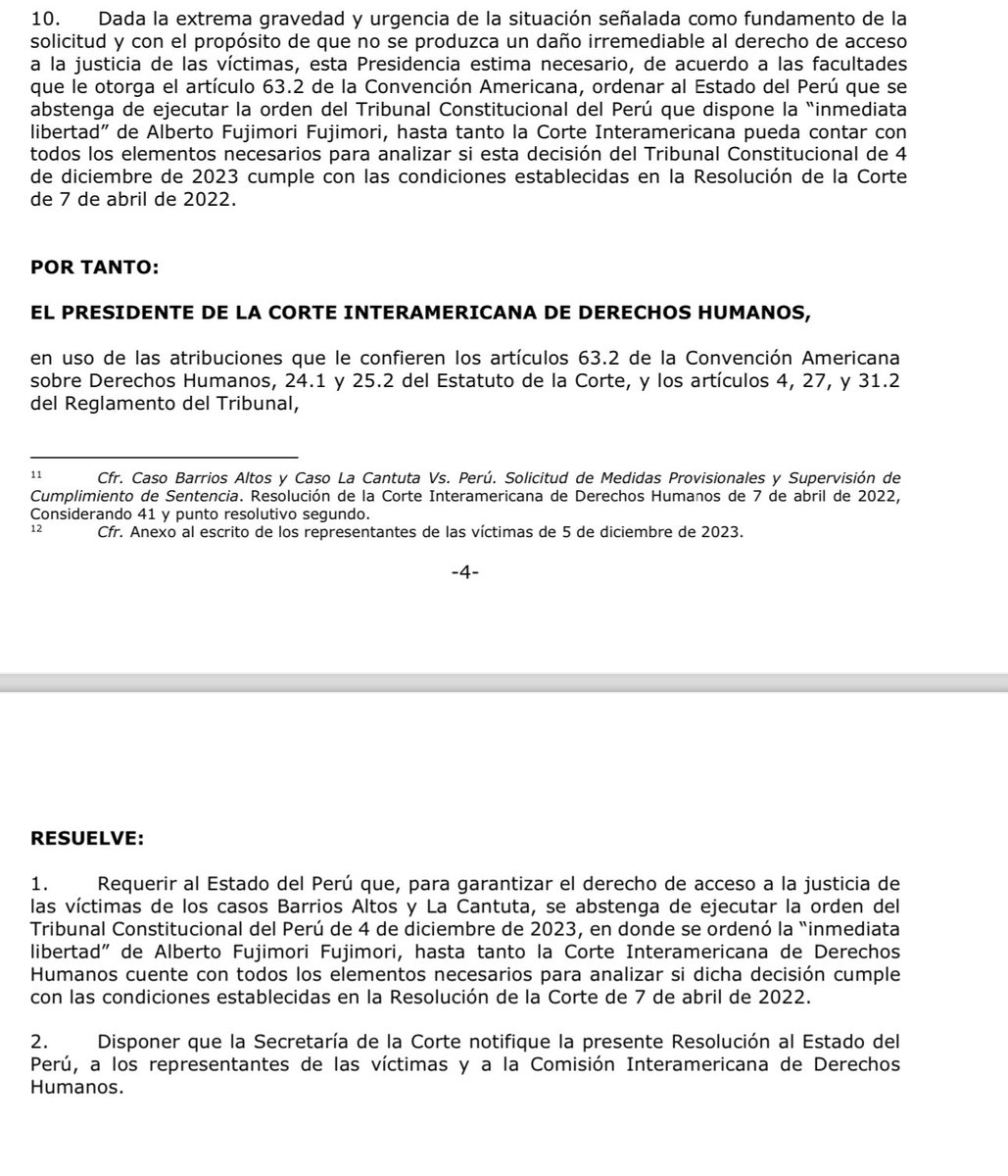 #Último La Corte IDH requiere al Estado peruano que “se abstenga de ejecutar la orden del Tribunal Constitucional” que ordenó la inmediata liberación de Alberto Fujimori.