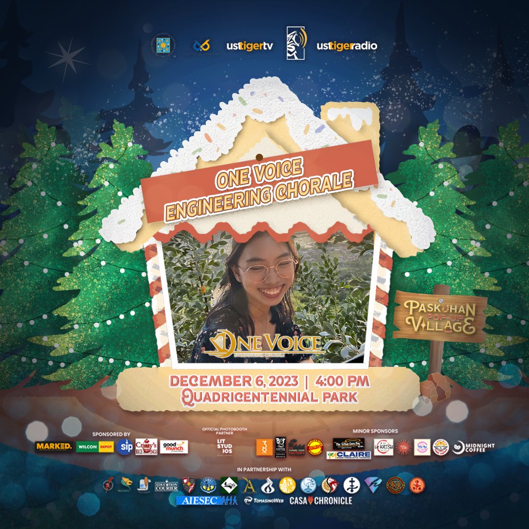 ustigertv's tweet photo. Immerse in the melodies at the Pop-Up Village on December 6, 4 PM at Quadricentennial Park! 🎶✨

Experience the enchanting performances by the College of Science Glee Club and One Voice Engineering Chorale. Let the Paskuhan harmony fill the air! 🌟🎄

#USTPopUpVillage https://t.co/eCer5jtCMZ