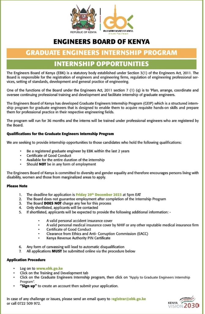 Paid internship opportunities by @EngineersBoard . Promoting professional in engineering practice in Kenya through collaborations with @TheIEK . NB @Kenyajobs_ @kenyajoblink @KenyaJobsPortal @TheKenyanPost @bnnkenya