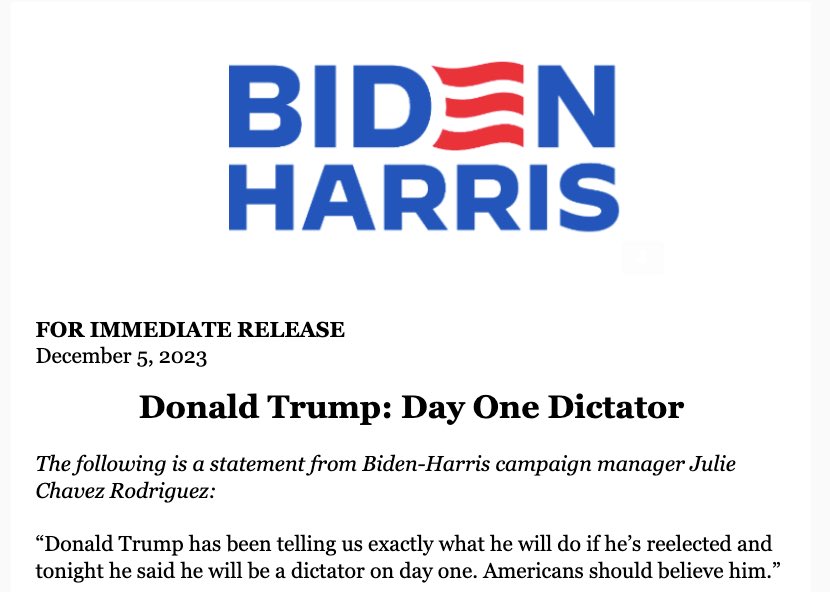 New statement from campaign manager @JulieR2022 using Donald Trump’s own words against him, saying, “Donald Trump has been telling us exactly what he will do if he’s reelected and tonight he said he will be a dictator on day one. Americans should believe him.” Perfect.