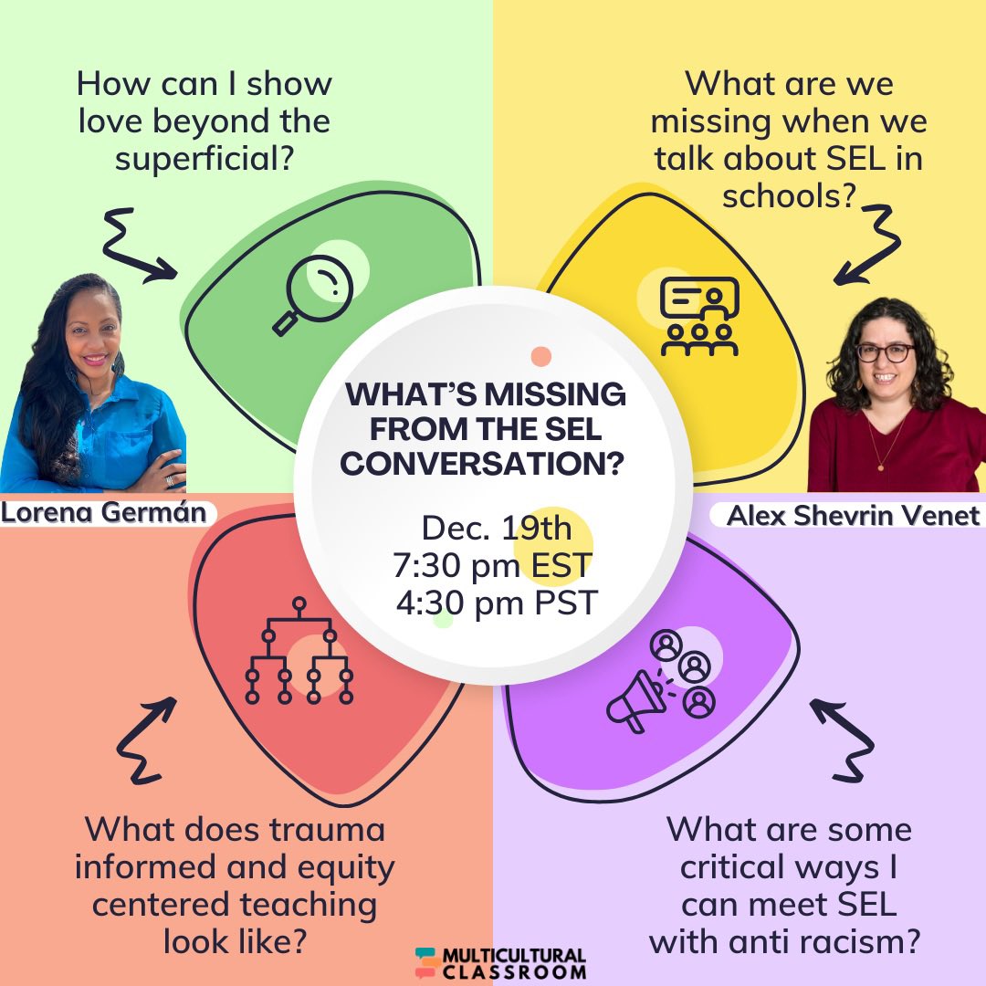 Y’all! Webinar with @AlexSVenet on the topic of SEL and how that intersects with so many other issues. It will be so good!! Don’t miss it. Register here: multiculturalclassroom.com/offers/72MqUYo…