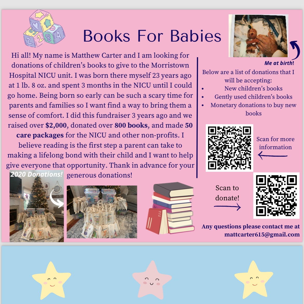 Hello everybody! In light of the holiday season I am doing a book donation drive for my local NICU where I was born. Please consider donating! We will be collecting both book and monetary donations. See below for details. Link is in the comments. Thank you and happy holidays!🎄🎄