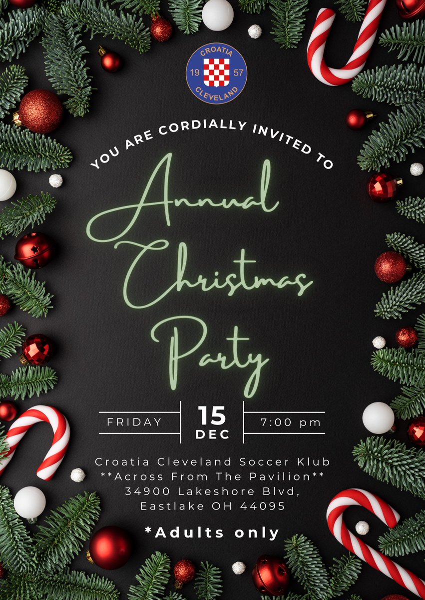 croatiajuniors's tweet photo. ‼️Attention all Parents, Coaches &amp; Fans‼️ Please join us for the Annual Croatia Cleveland Juniors Adult Christmas Party taking place NEXT Friday December 15th 🎄🎅 The party will begin at 7 p.m. &amp; will be a Potluck Style with Beverages available for purchase 🥂 We can’t wait ❤️ https://t.co/tJyFpFer0B