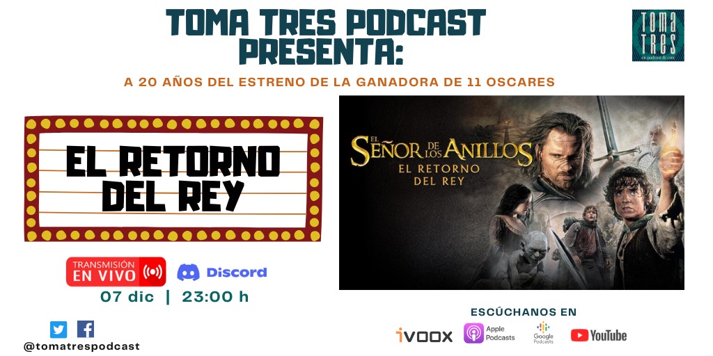 tomatrespodcast's tweet photo. A 2️⃣0️⃣ años del estreno del #RetornoDelRey 👑⚔️🧙‍♂️🧝‍♀️⛰️ le dedicaremos nuestro siguiente programa #EnVivo por @discord 
⬇️⬇️ Les dejamos en enlace para unirse ⬇️⬇️ 
https://t.co/gGuaRvb3G7 https://t.co/2LmFsjtKsB