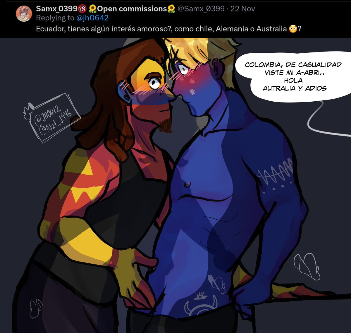 jh0642's tweet photo. 🎨Preguntas y respuestas, PT5
Y seguimos... jsjs por fin diseñé a Ecuador AEA!!! espero les guste estas P&R, y si gente.. continúo con mala racha de mes :,) #CountryHumans #countryhumansnsfw #countryhumanspermany #countryhumansaustralia #countryhumansperu #countryhumansrusper https://t.co/weWTNzrJin