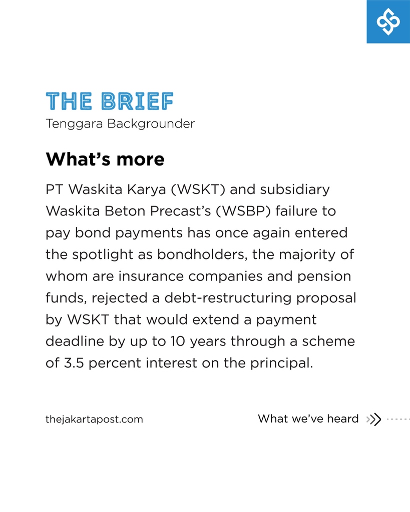 jakpost's tweet photo. Tenggara Backgrounder

WSKT bond defaults poses risk to insurance, pension funds

(Want to read more? Visit https://t.co/eFv4eLJRWe)

#tenggarabackgrounder #thebrief #WSKT #OJK #SBN #Obligasi #Dapen https://t.co/xCXjQLjhWI