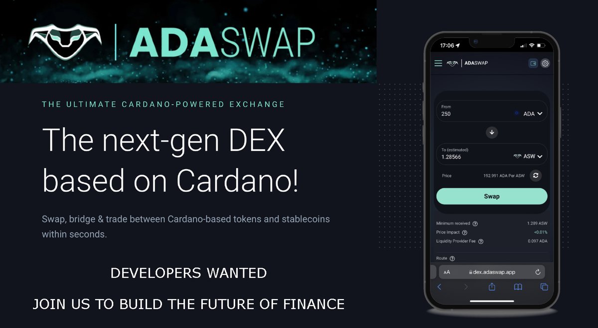 MHoffV1's tweet photo. SEEKING DEVELOPERS!

Are you are blockchain developer who wants to build the future of finance, come join Adaswap on Cardano.

#Adaswap #DEX #Cardano #DEFI #DAO #Crypto
$ADA $BTC $ETH $SOL $XRP $AVAX $DOT $BNB $LINK $LENFI $MIN $MILK $NEAR $ALGO $XLM $UNI $FIL $MATIC $QNT $LUNA https://t.co/6o6sK0o631