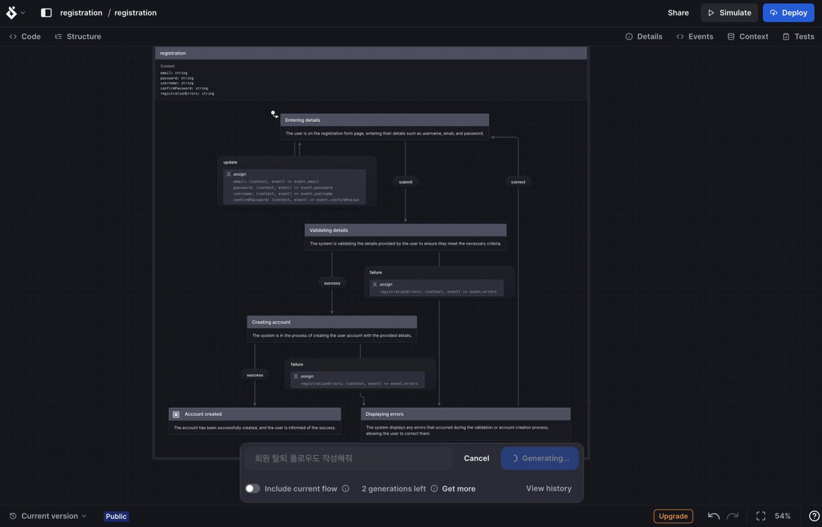 hmartapp's tweet image. 와.. React나 자바스크립트에서 상태관리 할 때 Stately 가 진짜 편리하네요! 도식을 그려서 상태 구조를 짤 수 있는데, 실제 코드로 변환도 되고, 무엇보다 도식을 인공지능으로 한방에! 코드로 변환된 도식은 다시 임포트 할 수 있고... 복잡한 로직 짤때 너무 좋네요! 🥳
stately.ai