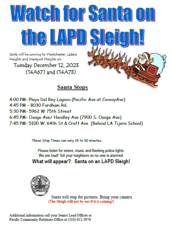 LAPDPacific's tweet photo. π
π»ππ Santa and LAPD are coming to your neighborhood! Join us for photos, and candy cane. Scroll through images for dates, times and locations. Happy Holidays! πππ
#LAPDPacific #SantaSleigh #SantaClaus https://t.co/xxtpSAmk6V