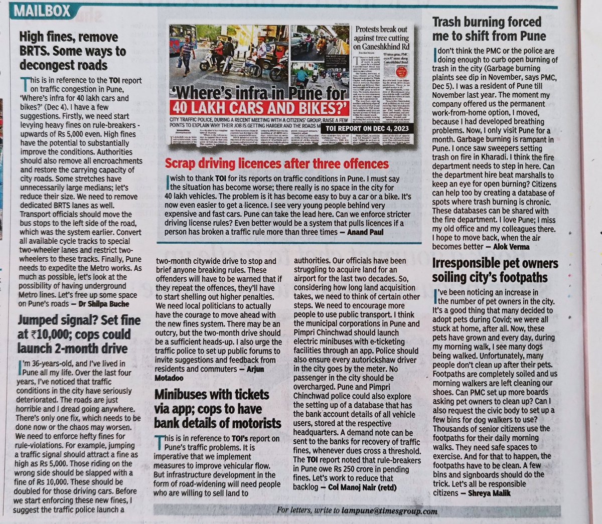 Completely agree with thoughts expressed here in the Times of India Pune today (6/12/2023). Especially the jumped signal one. It's high time to enforce it. Discipline has to be in place <a href="/timesofindia/">The Times Of India</a> <a href="/PuneCityTraffic/">पुणे शहर वाहतूक पोलीस</a>