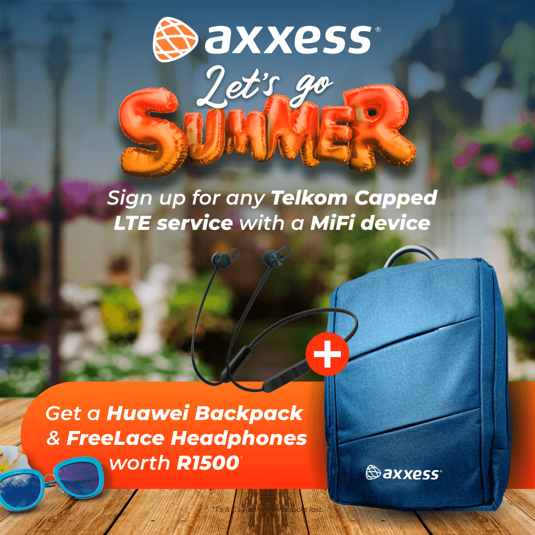 AxxessInternet's tweet photo. Stay connected this summer with Capped Telkom LTE + a MiFi device and receive a FREE Huawei laptop bag + FreeLace headphones, while stocks last. ๐๐ฅ
Visit the Axxess website to purchase yours today! https://t.co/X4WBbO5uPD
#LetsGoSummer #LTE #PowerUp #SummertimeFun https://t.co/dUoH3t6tyG
