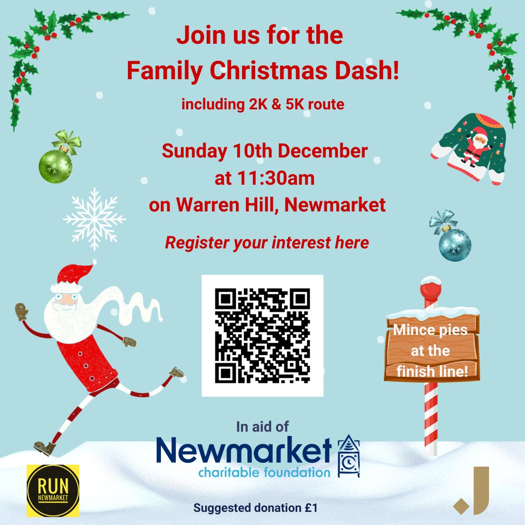 🏃🏻‍♂️ Just a few days left to register your place at this Sunday's Christmas Dash. Free to enter and two different route lengths, join us and Run Newmarket for a festive run! 

Register for your place >> buytickets.at/newmarketchari…