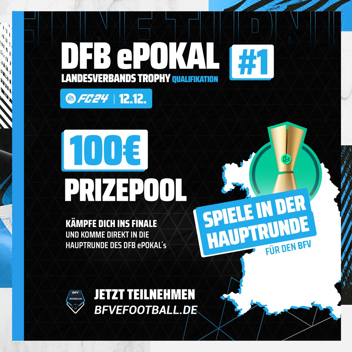 Ihr kommt aus Bayern und wollt noch am DFB-ePokal teilnehmen? 🏆
Dann könnt ihr in einem der BFV Landesverbandstrophy-Qualifier das Finalturnier erreichen und als Sieger an der Hauptrunde des DFB-ePokals teilnehmen! 
👉 app.bfvefootball.de/hub/eyJpZCI6Nj…