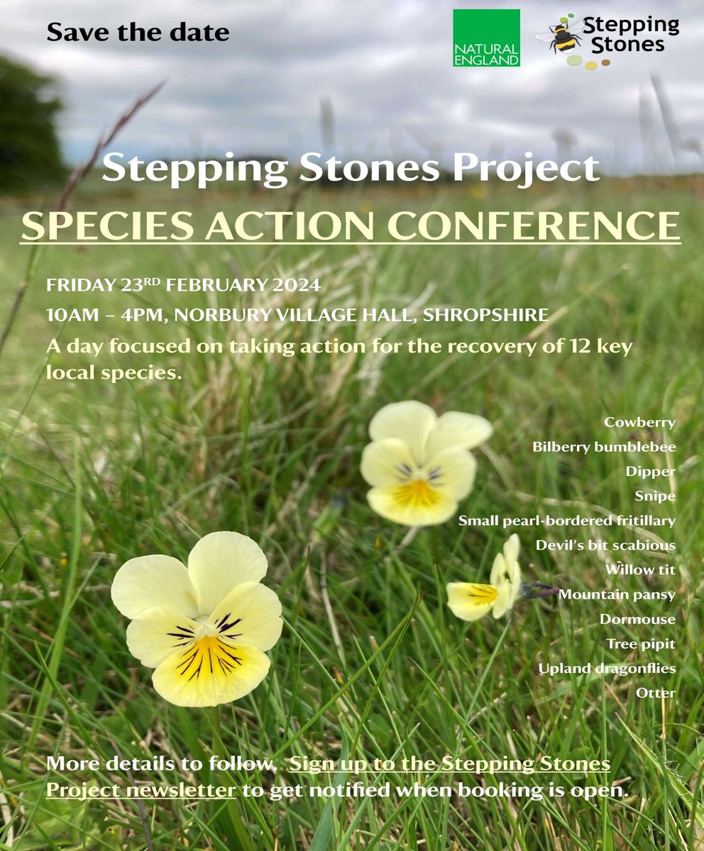 Save the date 23rd February 2024 The Stepping Stones Project in #Shropshire is holding a Species Action Conference focused on taking action for the key recovery of 12 species. #SpeciesRecovery #BetterWithNature @NTmidlands @ShropsWildlife @LetsGoLudlow @ChurchStretton1