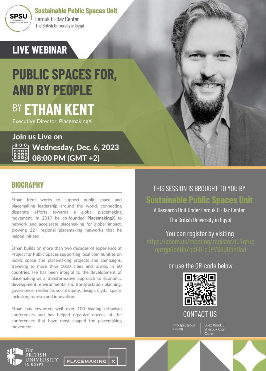 سعداء باستقبال عضو جديد في مجال دعم وازدهار الفراغات العامة: (وحدة الفراغات العامة المستدامة) التي أنشئت حديثا ضمن مركز فاروق الباز بالجامعة البريطانية بالقاهرة. 
كما نرحب ب Ethan Kent الشريك المؤسس والرئيس التنفيذي ل PlacemakingX

للحضور رجاءً التسجيل في الرابط بالإعلان المرفق.
