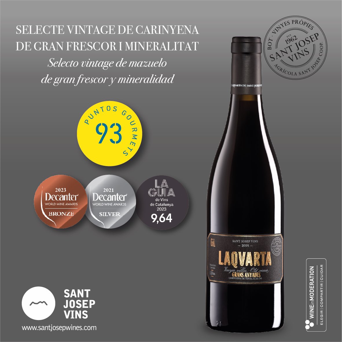 Ens omple de satisfacció anunciar-vos que la collita 2018 del nostre vintage de carinyena, Laquarta Grans Anyades vinyes velles DO Terra Alta, ha rebut 93 punts a la Guía Vinos Gourmets 2024 #santjosepvins