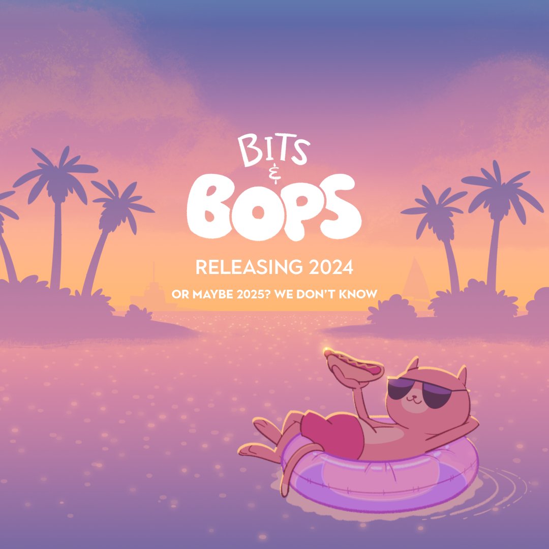 A Bits & Bops parody of GTA's recent trailer announcement graphic. It depicts a sunset version of the background from Bits & Bops mini-game "Flipper Snapper", including its orange cat character in his inflatable pool ring. A text overlay reads "Bits & Bops - RELEASING 2024; OR MAYBE 2025? WE DON'T KNOW".