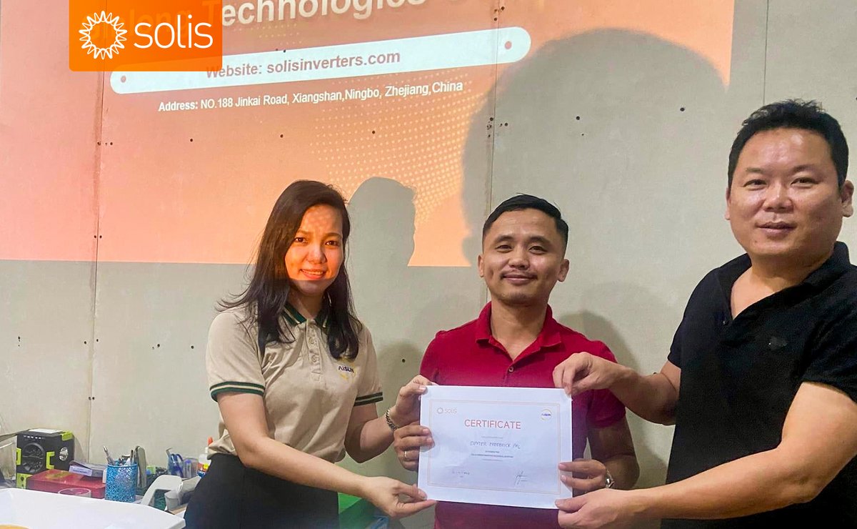 Solis_Inverters's tweet photo. #SolisTraining in #Philippines shines bright! ๐ Installers from Aisun Solar Trading Inc. immersed themselves in #troubleshooting training for Solis S6-EH1P(3-8)K-L-PRO inverters, gaining crucial insights and skills. Certificates were awarded to recognize their active participation and dedication to learning. Thanks to Technical Support Engineers Karlo De Guzman and John Mark Rivera for their invaluable guidance, ensuring a fruitful and enlightening session. ๐
Solis: The World's 3rd Largest PV Inverter Manufacturer ๐
#Solisinverter #hybridinverter #energytransition #solarenergy