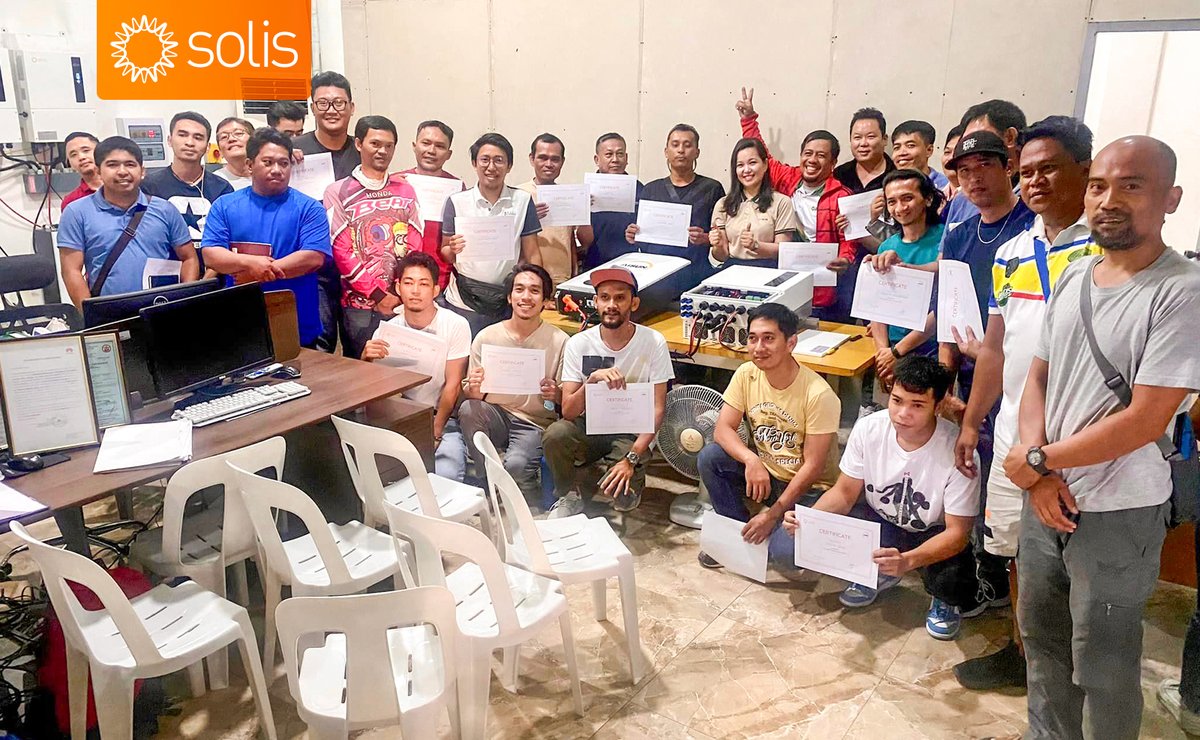 Solis_Inverters's tweet photo. #SolisTraining in #Philippines shines bright! ๐ Installers from Aisun Solar Trading Inc. immersed themselves in #troubleshooting training for Solis S6-EH1P(3-8)K-L-PRO inverters, gaining crucial insights and skills. Certificates were awarded to recognize their active participation and dedication to learning. Thanks to Technical Support Engineers Karlo De Guzman and John Mark Rivera for their invaluable guidance, ensuring a fruitful and enlightening session. ๐
Solis: The World's 3rd Largest PV Inverter Manufacturer ๐
#Solisinverter #hybridinverter #energytransition #solarenergy