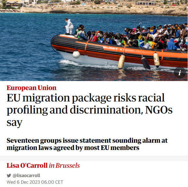 picum_ngo's tweet image. 📰 Proud to see our joint concerns around the #MigrationPact reflected on today's @guardian. This Pact will only lead to more border violence and racial discrimination. EU lawmakers must reject it as they enter final negotiations.
#NotThisPact

Read: theguardian.com/world/2023/dec…
