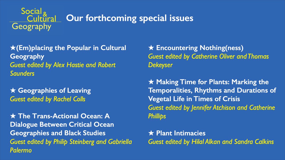 We've got a really inspiring set of special issues currently in progress at Social & Cultural Geography—being led by a series of brilliant guest editors 🙌—that we think showcase some of the most innovative thinking in social and cultural geographical debates
