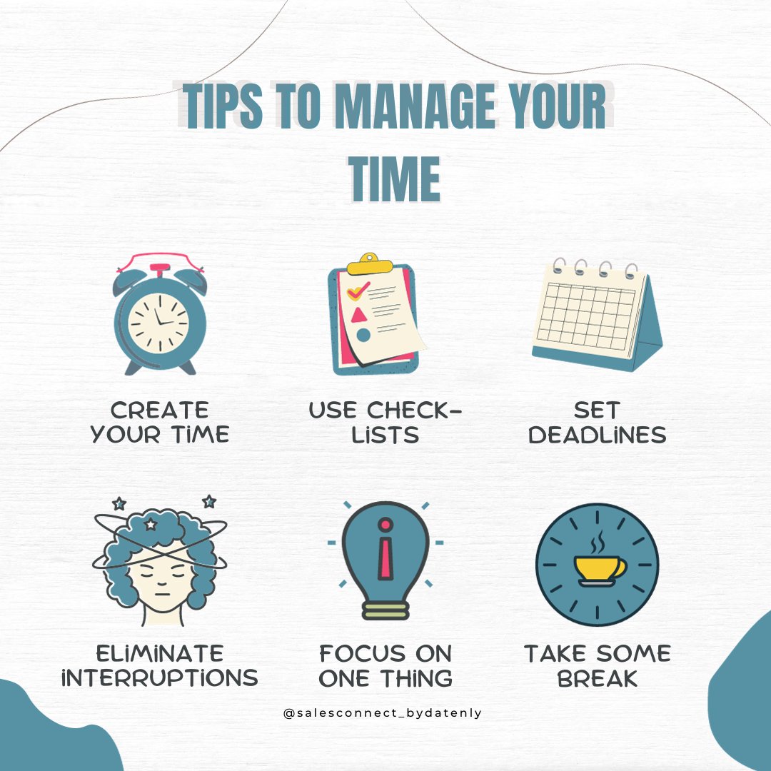 Tips to manage your time efficiently 🤩✨✅

#TimeManagement #Tips #WorkHabits #SalesConnect #SalesLaunch #Automation #LinkedInautomation #leadgeneration #prospection #Sales
