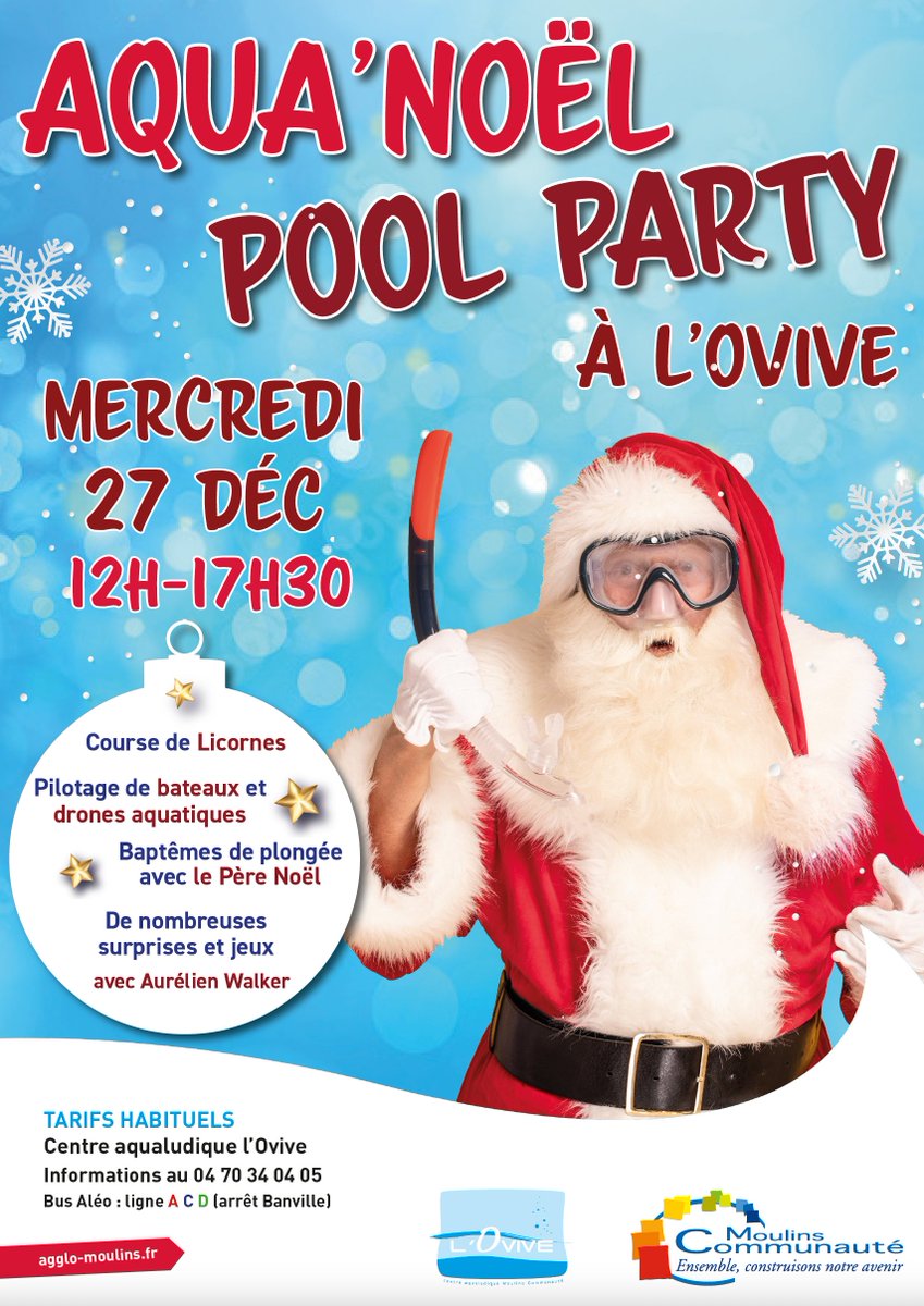 🎅Le 27 décembre, de 12h à 17h30, venez participer à l’Aqua’Noël Pool Party à l’Ovive !
💦 De nombreuses animations, dont les courses de licornes, baptême de plongée avec le Père Noël, pilotages de bateaux et de drones aquatiques et encore de nombreuses surprises !