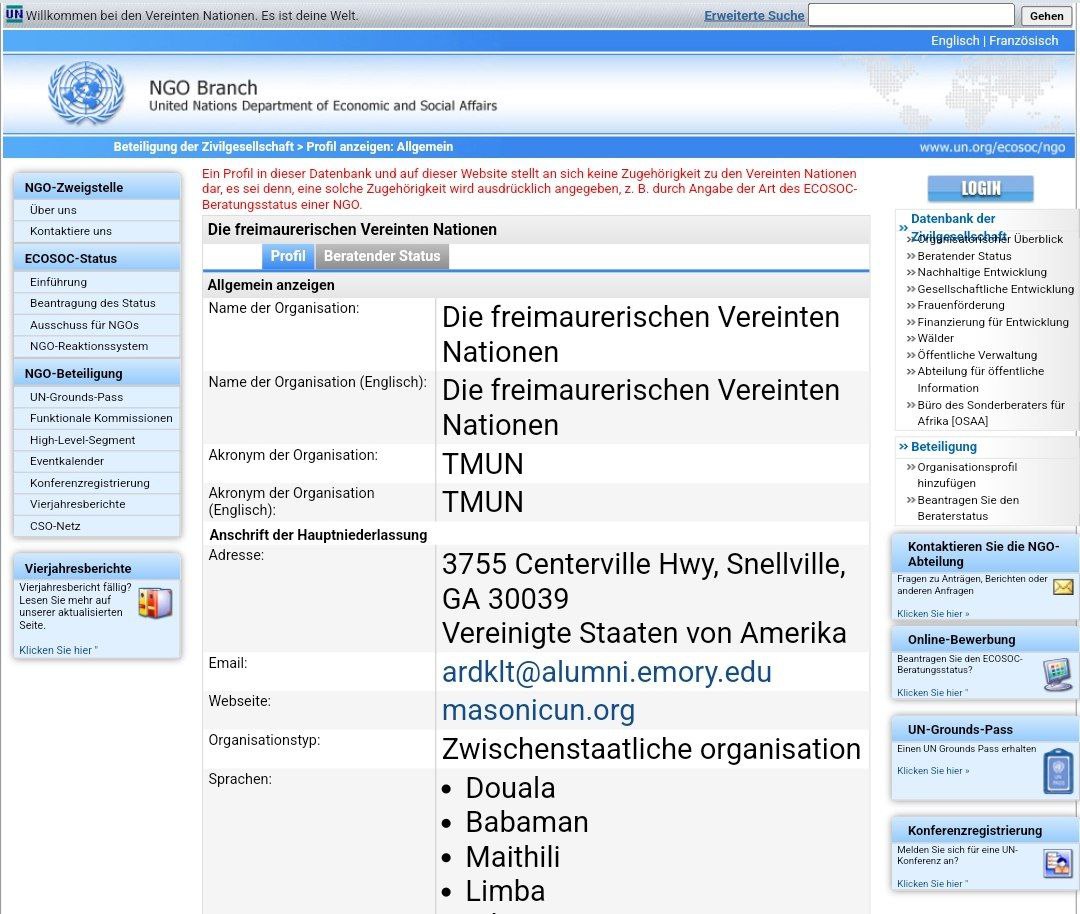 Taiwan_2026's tweet photo. Wusstest ihr, dass es in der #UN die #Freimaurer Vereinten Nationen gibt?
Es handelt sich um eine #NGO mit Hauptsitz in New York, die sich #TMUN nennt und wurde 2017 mit dem Ziel gegründet künftige Disharmonie und Verwirrung innerhalb der globalen Freimaurerschaft zu verhindern. https://t.co/Dbf5fC314H