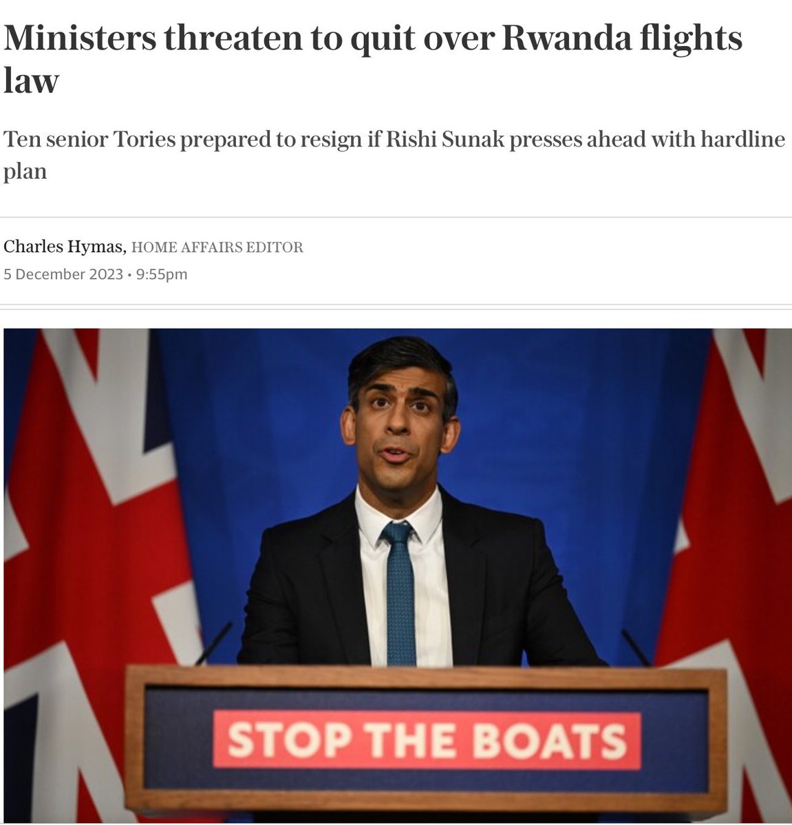 The Rwanda scheme was obviously intended to put ‘clear blue water’ between the Tories and Labour. But it turns out it’s actually flowing through the middle of the Conservative Party.