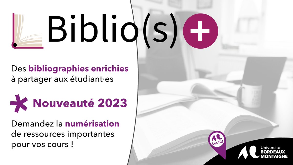 [#BUenligne] 💻 Nouveau service de vos <a href="/BUBMontaigne/">Les BU de Bordeaux Montaigne (compte en veille 💤)</a> : avec Biblio(s)+, construisez des #bibliographies enrichies et demandez la #numérisation 📖 de ressources importantes pour vos cours !

➡️ entp.u-bordeaux-montaigne.fr/fr/actualites/…

🔐 Accès réservé aux personnels et enseignant·es <a href="/UBMontaigne/">Université Bordeaux Montaigne</a>