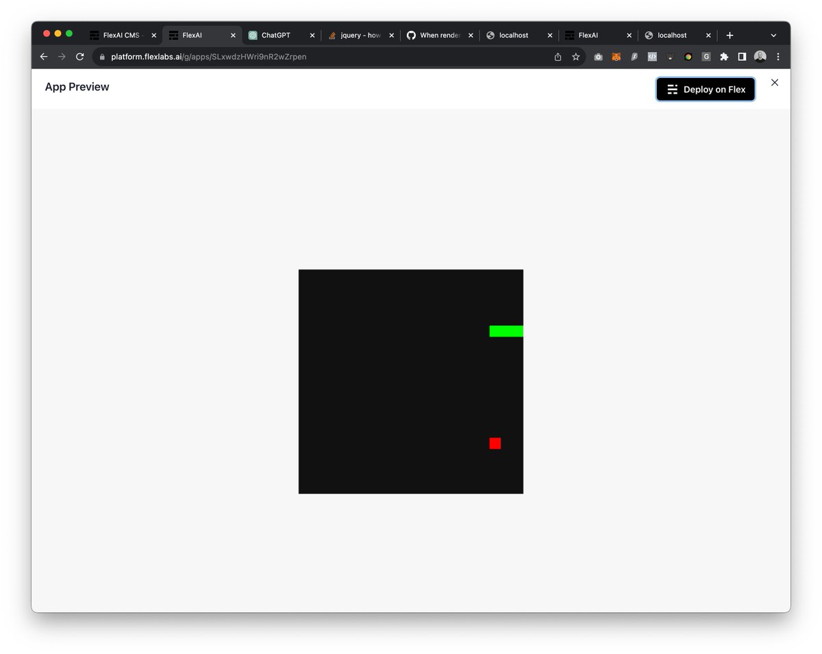 🤯This is insane. Using <a href="/Flexlabsai/">FlexAI</a> we have built a prototyping tool for any app with instant deploy and sharing.

Play 🐍 Snake - platform.flexlabs.ai/e/bmiTZRX1qeYD…
It took 90 seconds to do. This would have taken me at least 2/3 hours coding manually.

Try here -&gt; platform.flexlabs.ai/g/apps/