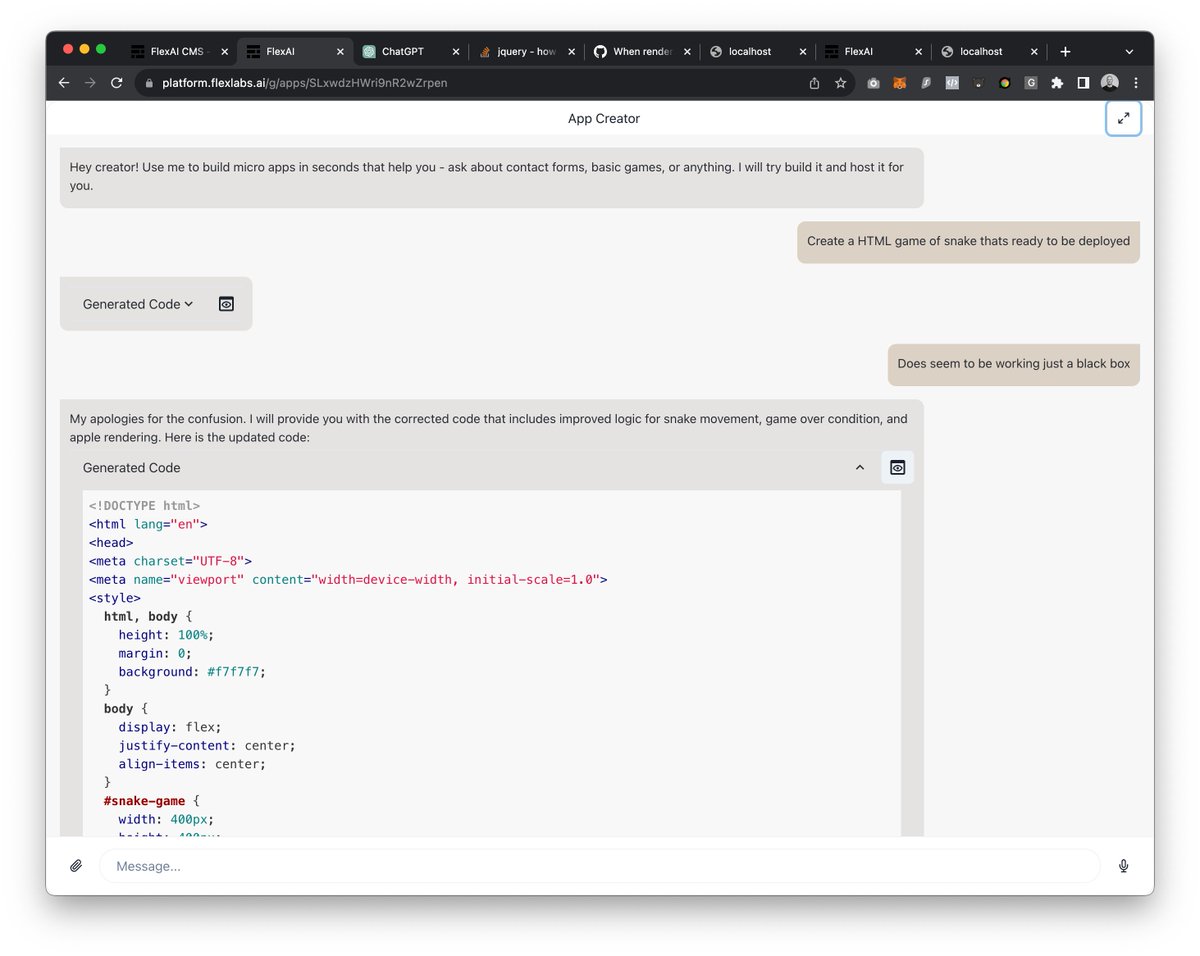 leomercier's tweet photo. 🤯This is insane. Using @Flexlabsai we have built a prototyping tool for any app with instant deploy and sharing.

Play 🐍 Snake - https://t.co/mAc2Zzj2Q3
It took 90 seconds to do. This would have taken me at least 2/3 hours coding manually.

Try here -> https://t.co/AEkYsR2E6i https://t.co/Qqf6aG18ZZ