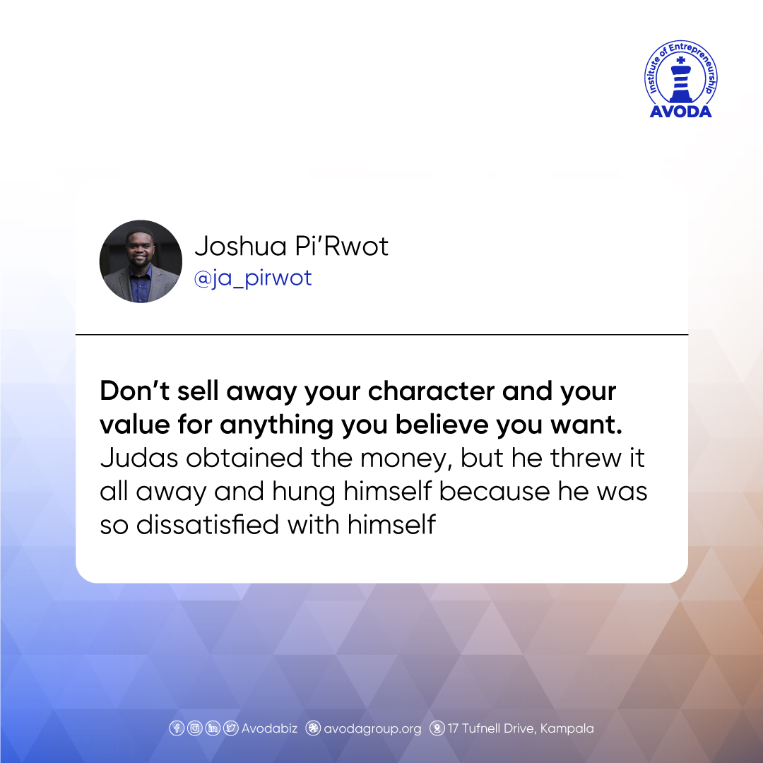 AvodaBiz's tweet photo. Don’t sell away your character and your value for anything you believe you want. Judas obtained the money, but he threw it all away and hung himself because he was so dissatisfied with himself - @pirwot
#FiatLux #AVODA #AVODAGroup https://t.co/oHHc6OX7Q9