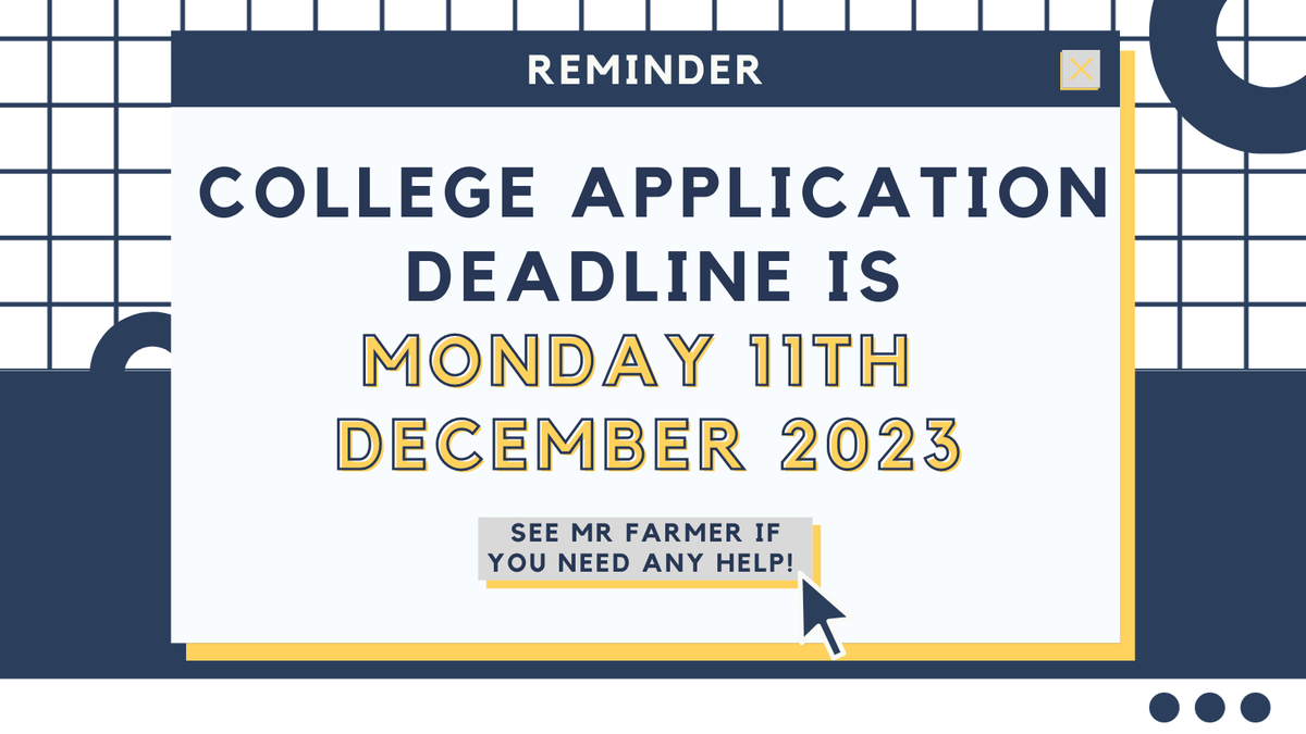 MoorsideHigh's tweet photo. Reminder that the deadline for college applications is Monday 11th December - if you are having any issues with applications, please see Mr. Farmer, your form tutor, or the Heads of Year as soon as possible. #TeamMoorside https://t.co/Uf1yAZlPTP