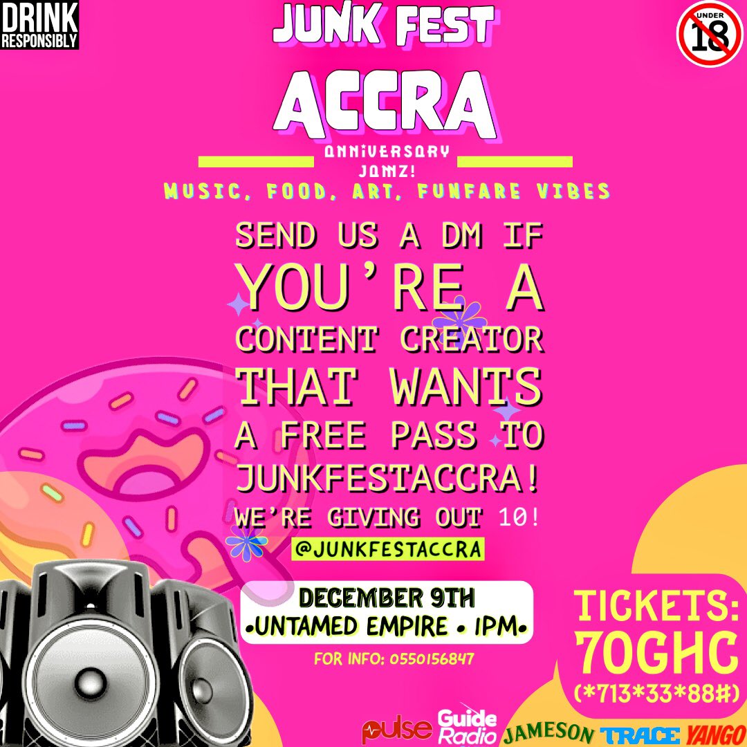 JunkFestAccra's tweet photo. 🚨We’re giving out 10 passes to content creators for this Saturday! Shoot us a DM if you’re one that wants to attend🥳🍔
#JunkFestAccra https://t.co/RabbzOm5EN