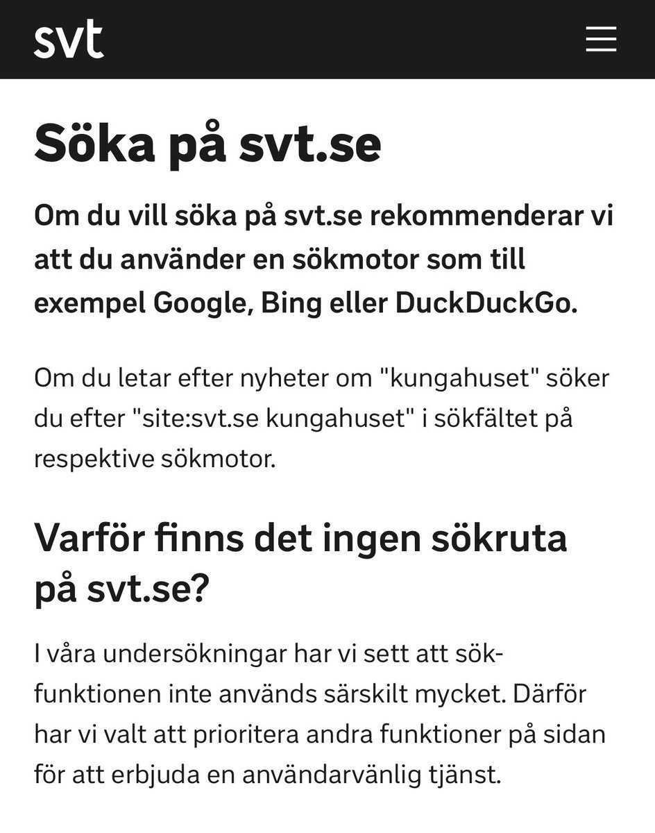 ericbauner's tweet photo. SVT har alltså medvetet valt att ta bort sökrutan på sin sajt. Det går alltså inte att söka efter nyheter, program eller nånting. Det är verkligen superkonstigt? https://t.co/yXYjzXLFfu